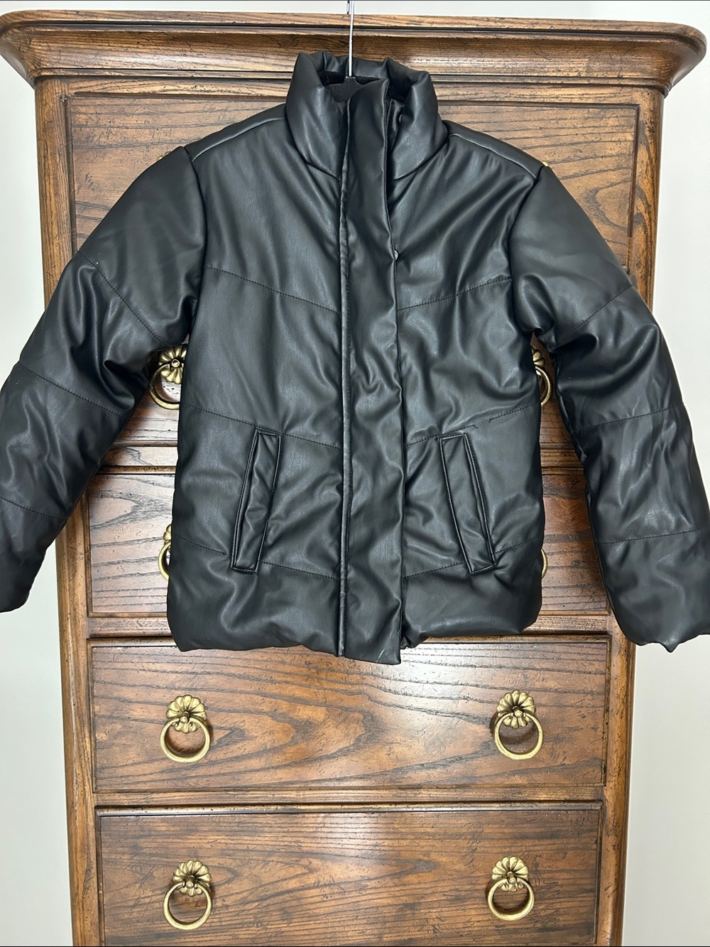 Kids Black Faux Leather Puffer Jacket, Size 8